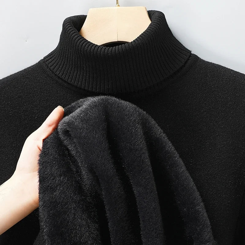 Black turtleneck pullover on a hanger with the fleece lining visible at the sleeve