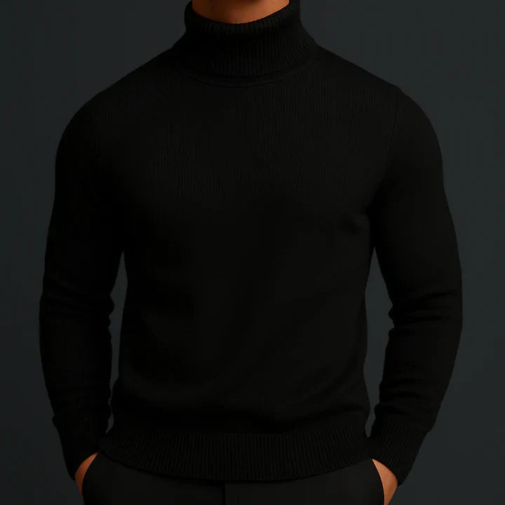 Man wearing a black turtleneck knit pullover, front view