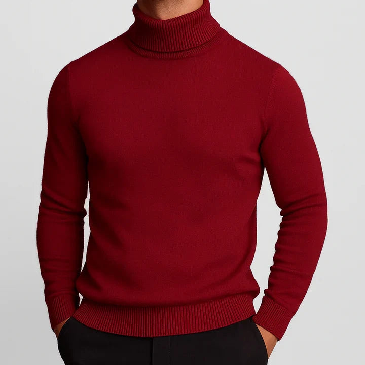 Man wearing a red turtleneck knit pullover, front view