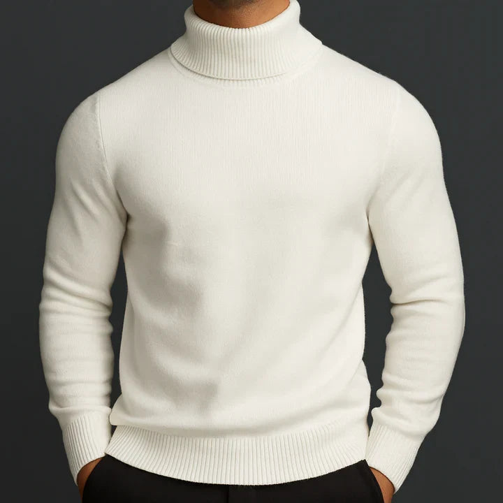 Men's turtleneck sweater in white, fleece lined knit pullover