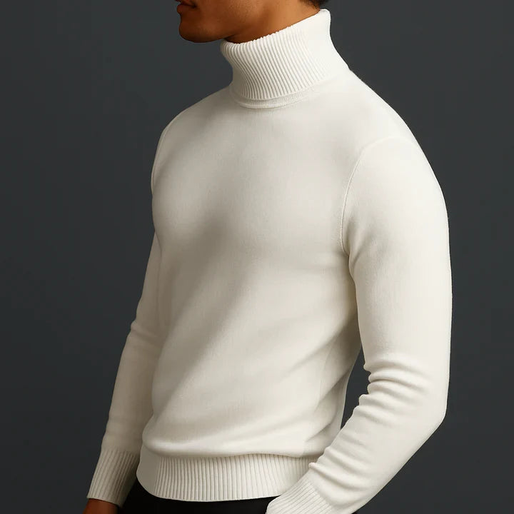 Side view of the white turtleneck knit pullover on a model