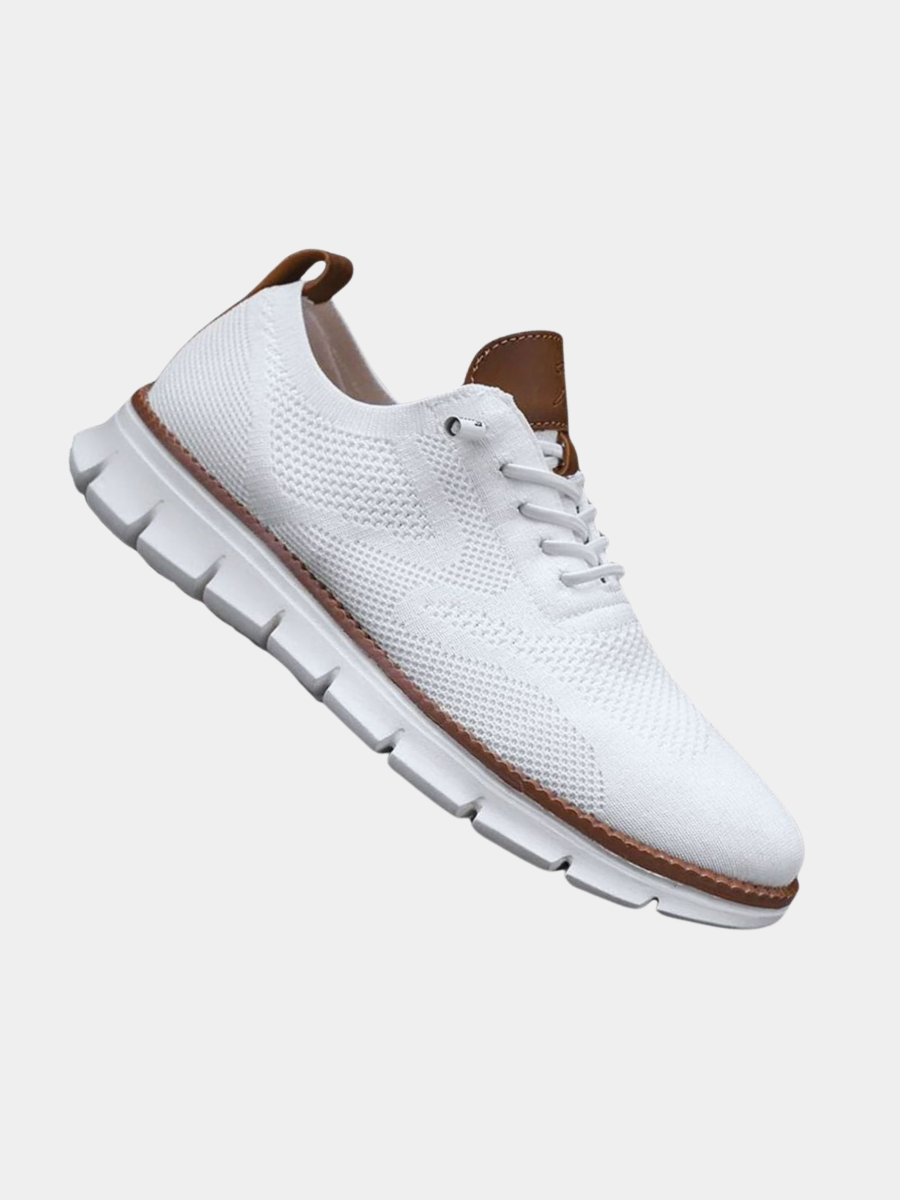 Men's white knit walking shoes, side view