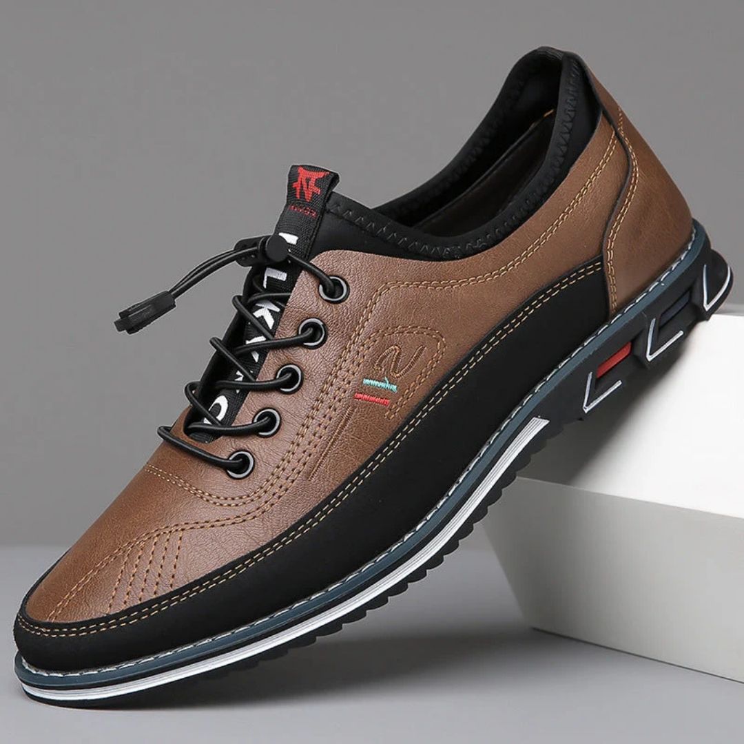 Brown two tone elastic lace walking shoe with black sole, side view