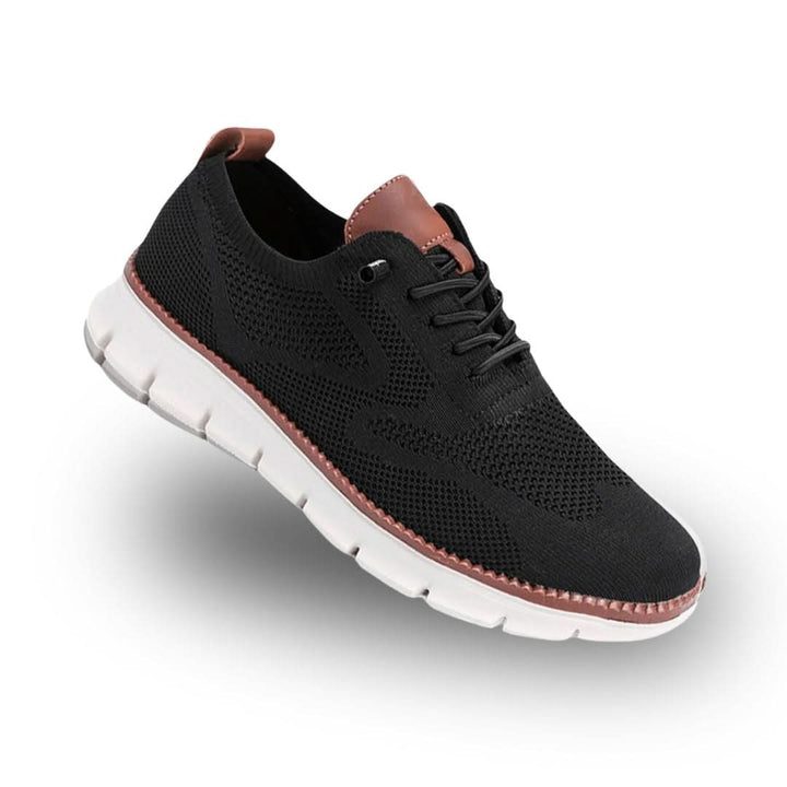 Black knit lace-up Oxford sneaker with tan heel tab and white sole
