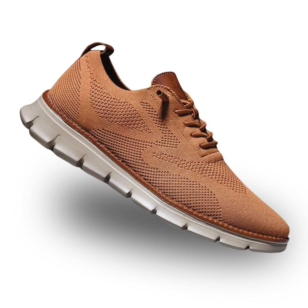 Caramel knit Oxford sneaker with gray sole and brown laces, angled view