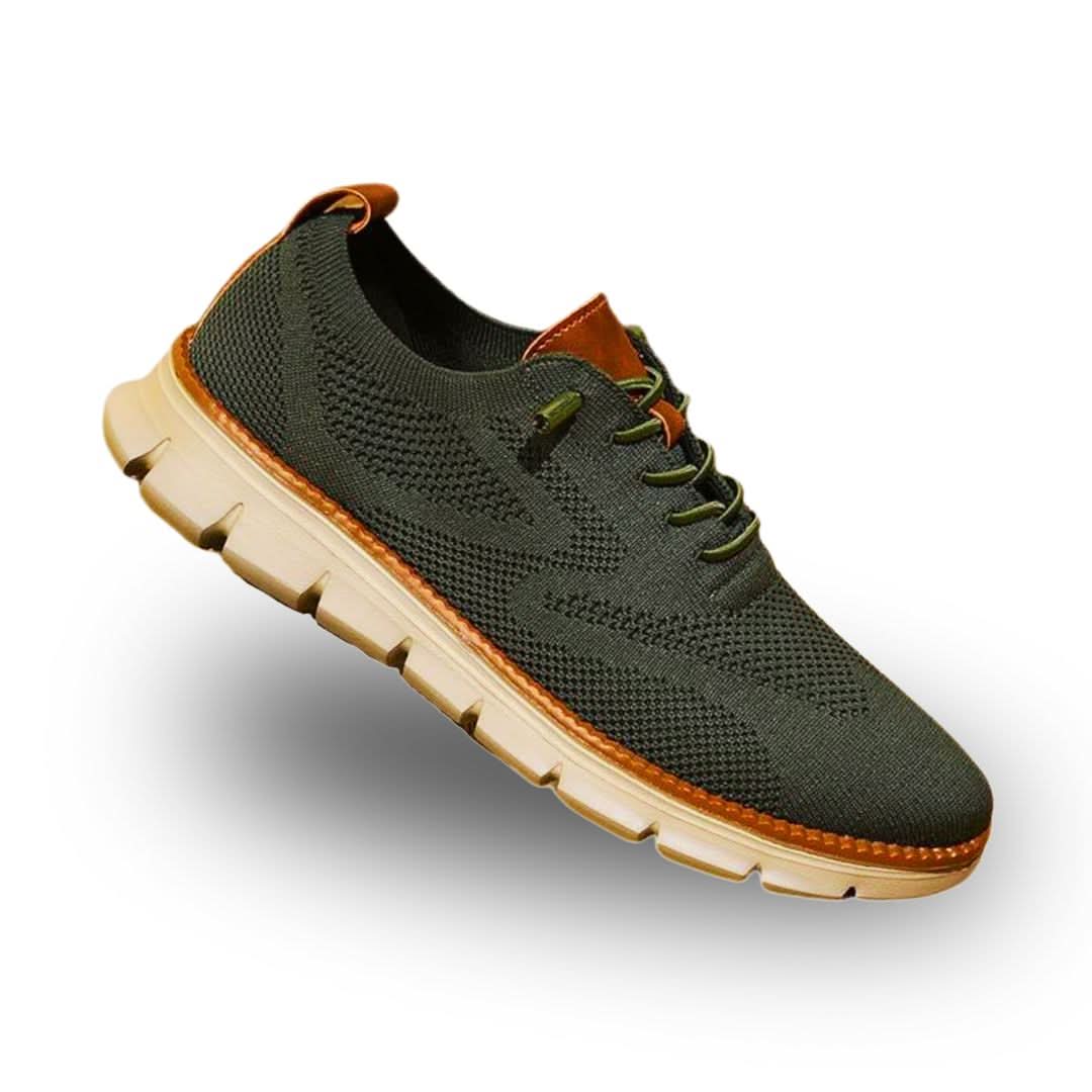 Olive knit Oxford sneaker with caramel sole and orange heel tab, side angle
