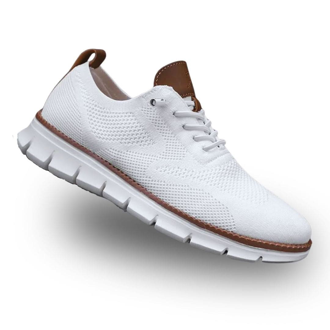 Men's walking shoes in white, knit lace-up Oxford sneakers shown from the side