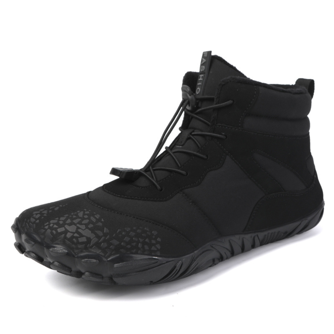 Black barefoot ankle boot with quick lace toggle and flexible sole