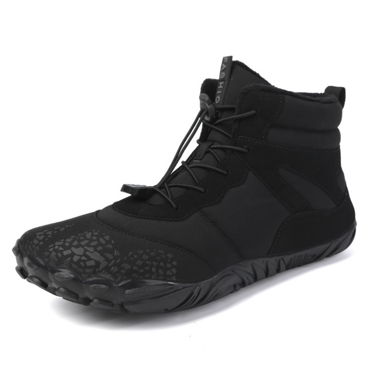 Black barefoot ankle boot with quick lace toggle and flexible sole