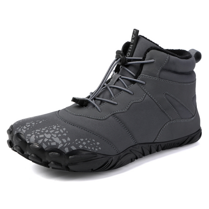 Gray barefoot wide toe ankle boot with quick lace and black sole