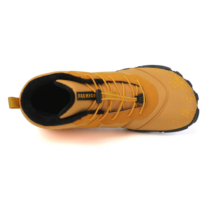 Mustard ankle boot seen from above showing the quick lace toggle and black lining