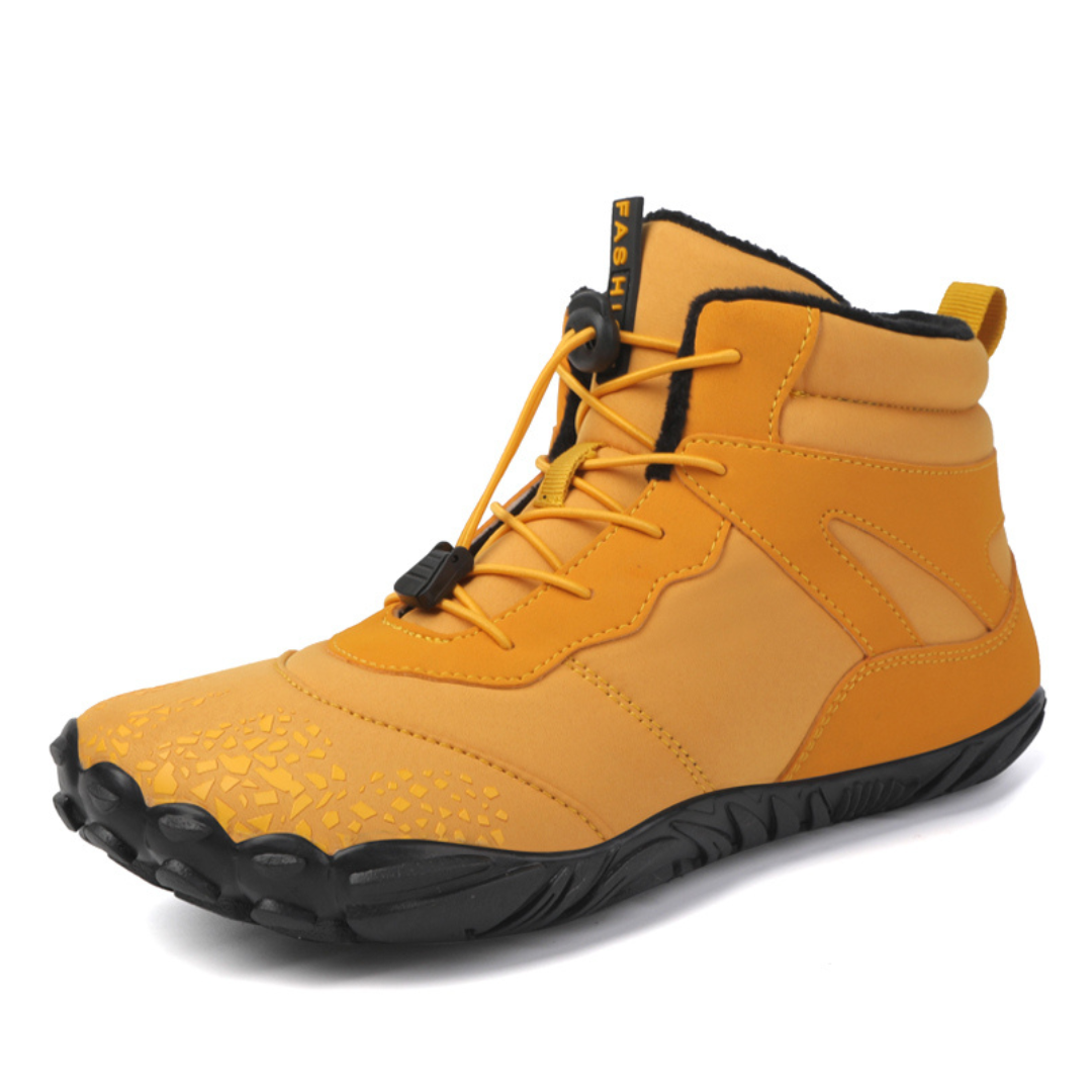 Men's waterproof boots in mustard, barefoot wide toe ankle style with quick lace