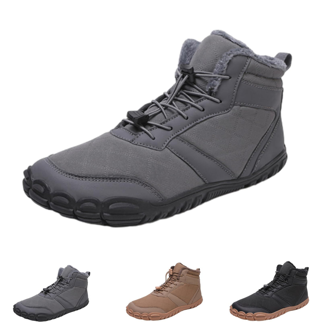 Gray wide toe ankle boot with toggle laces and a dark grip sole