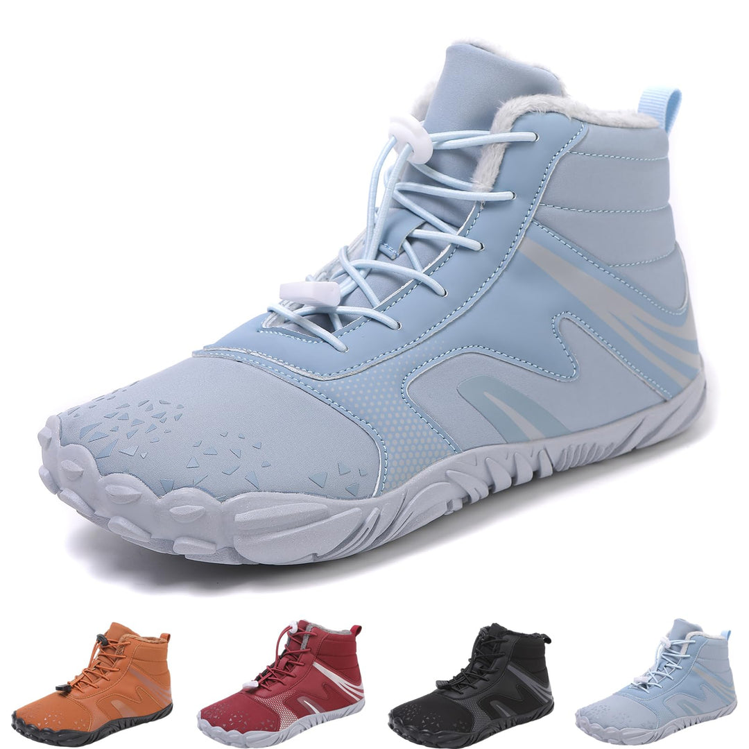 Sky blue wide toe ankle boots with white laces and gray sole, side view