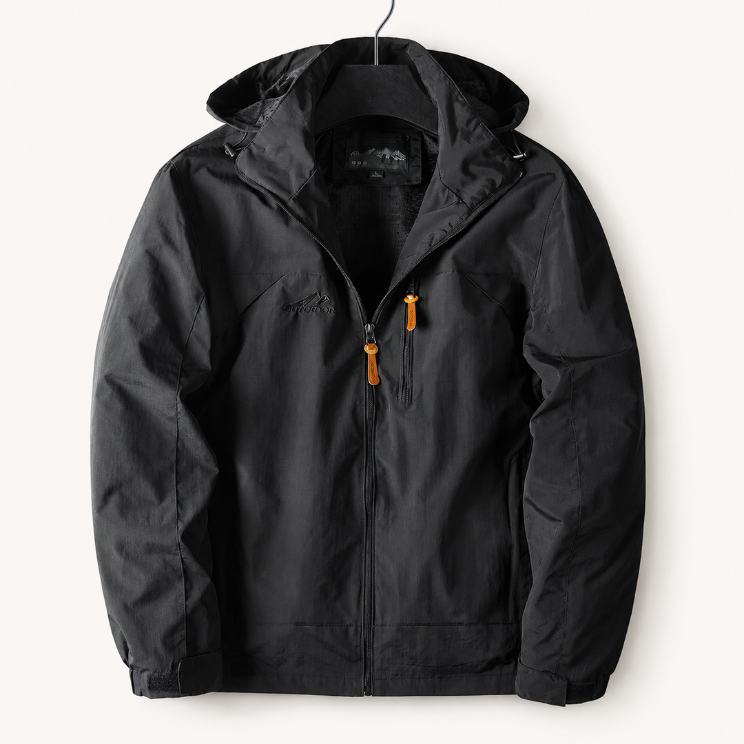Black hooded windbreaker jacket with zip front on a hanger, front view