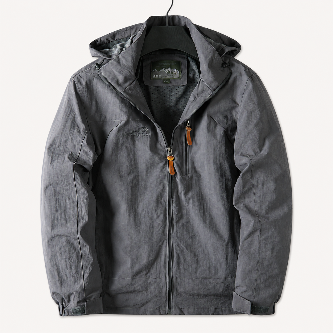 Charcoal gray hooded windbreaker jacket with zip pockets, front view