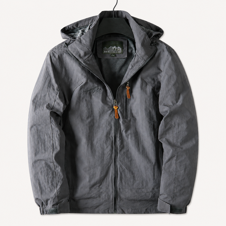 Charcoal gray hooded windbreaker jacket with zip pockets, front view