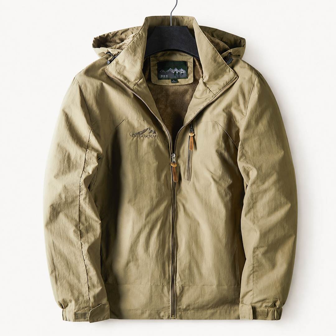 Khaki hooded windbreaker jacket with zip pockets, front view on hanger