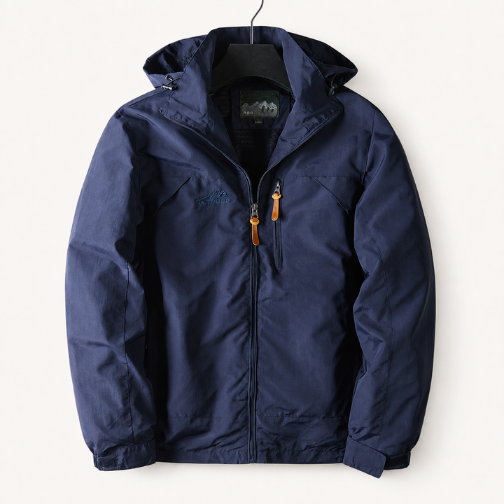 Navy hooded windbreaker jacket with zip front and orange pull tabs, front view
