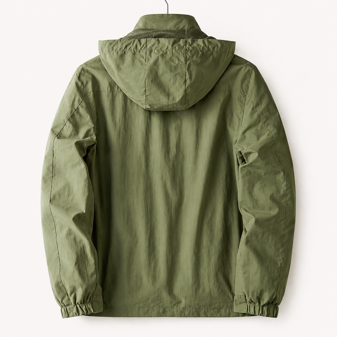 Back view of the olive hooded windbreaker with elastic cuffs and hem