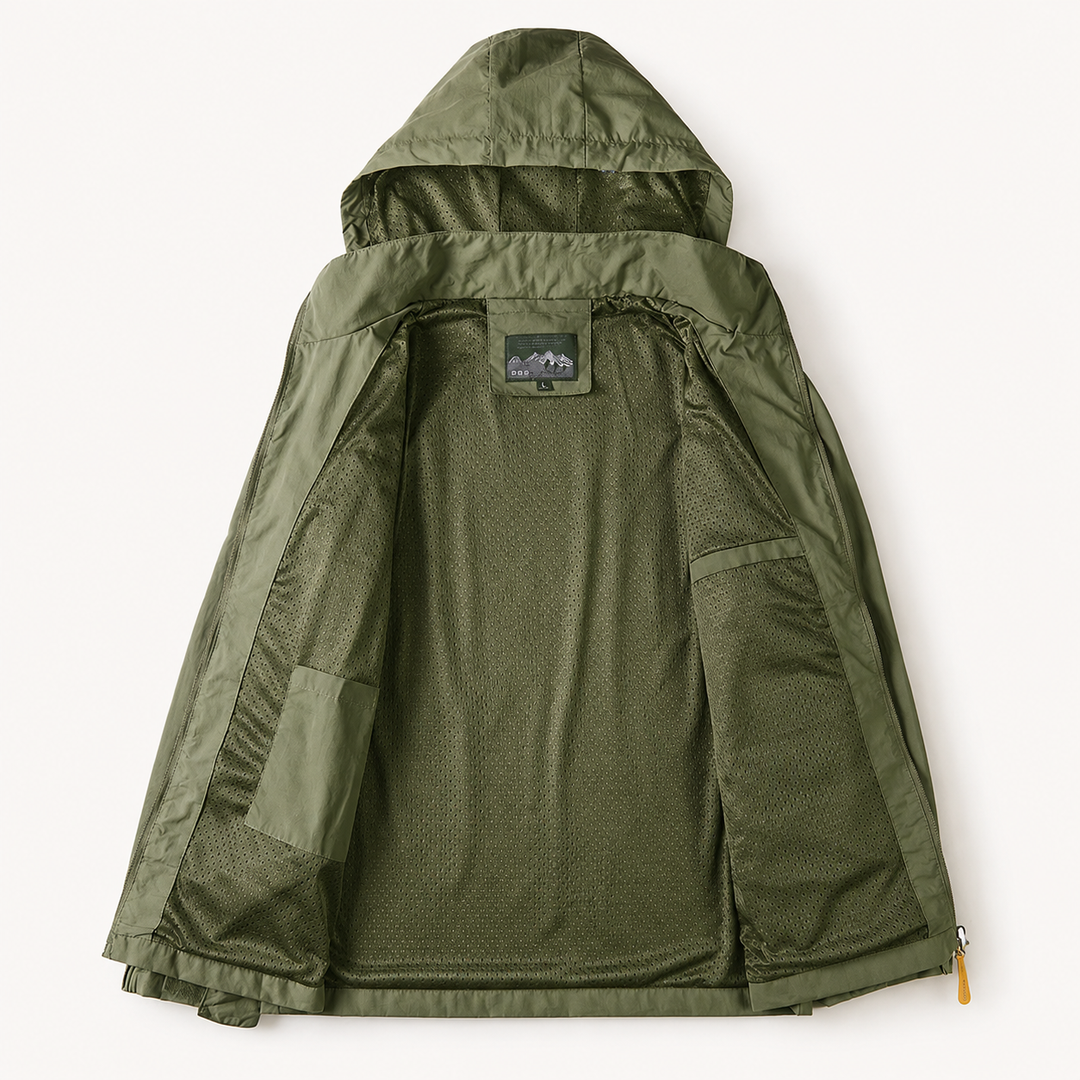 Open olive windbreaker showing the mesh-lined inside and hood