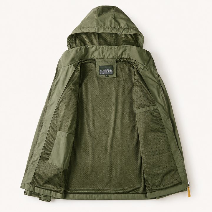 Open olive windbreaker showing the mesh-lined inside and hood