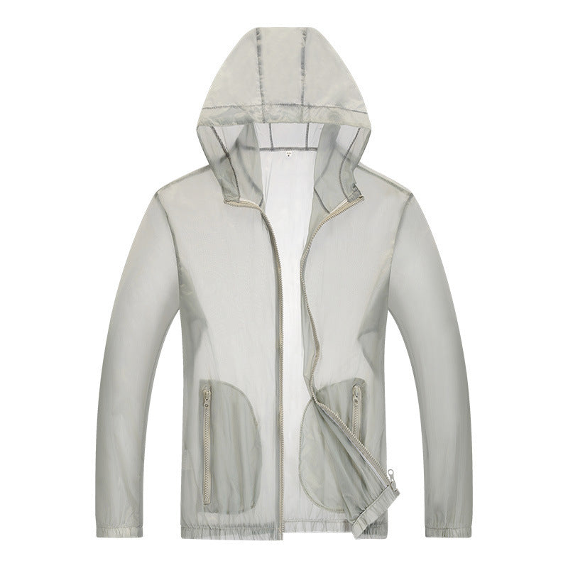 Men's light gray hooded windbreaker, front view with the hood up