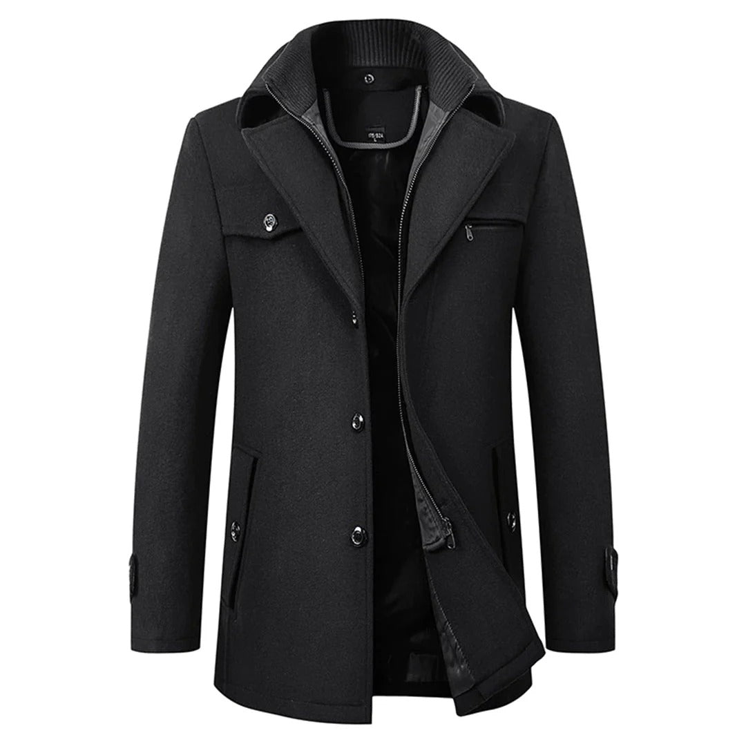 Black double collar car coat with notch lapels and button front