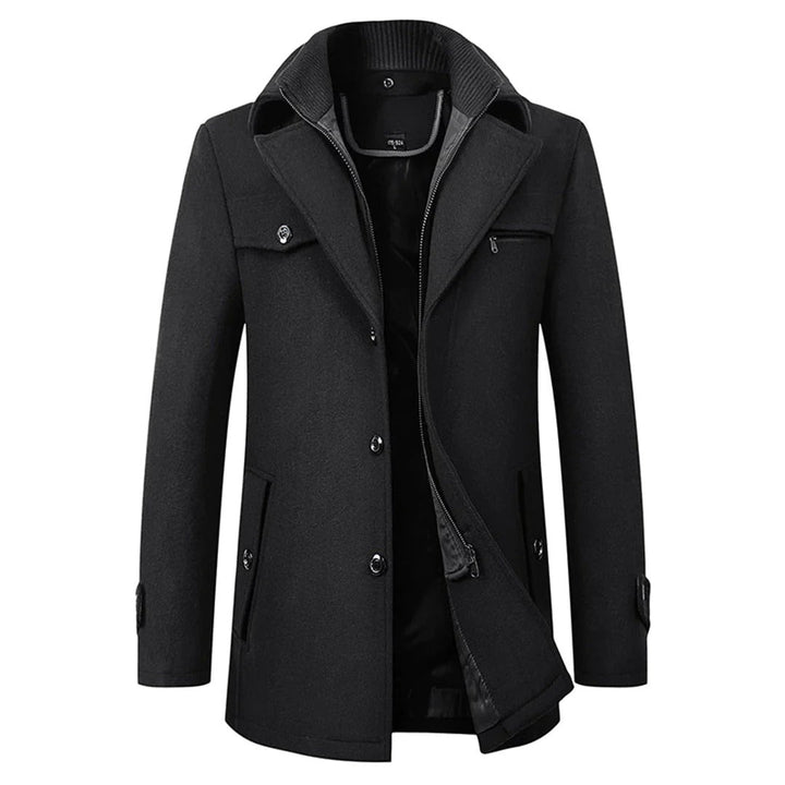 Black double collar car coat with notch lapels and button front