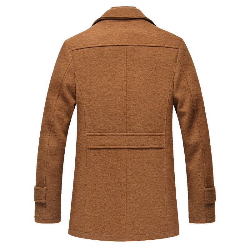 Back view of the brown car coat with half belt and sleeve tabs
