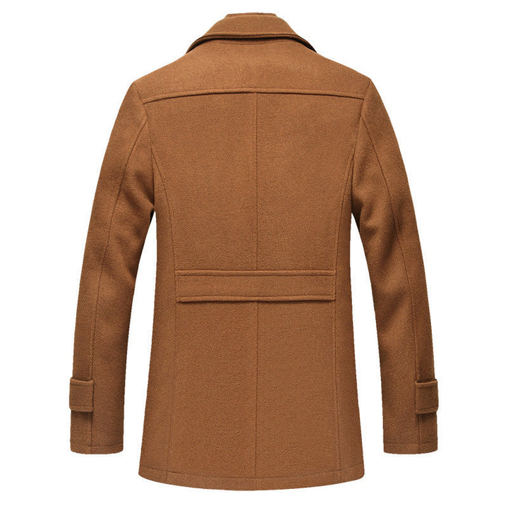 Back view of the brown car coat with half belt and sleeve tabs