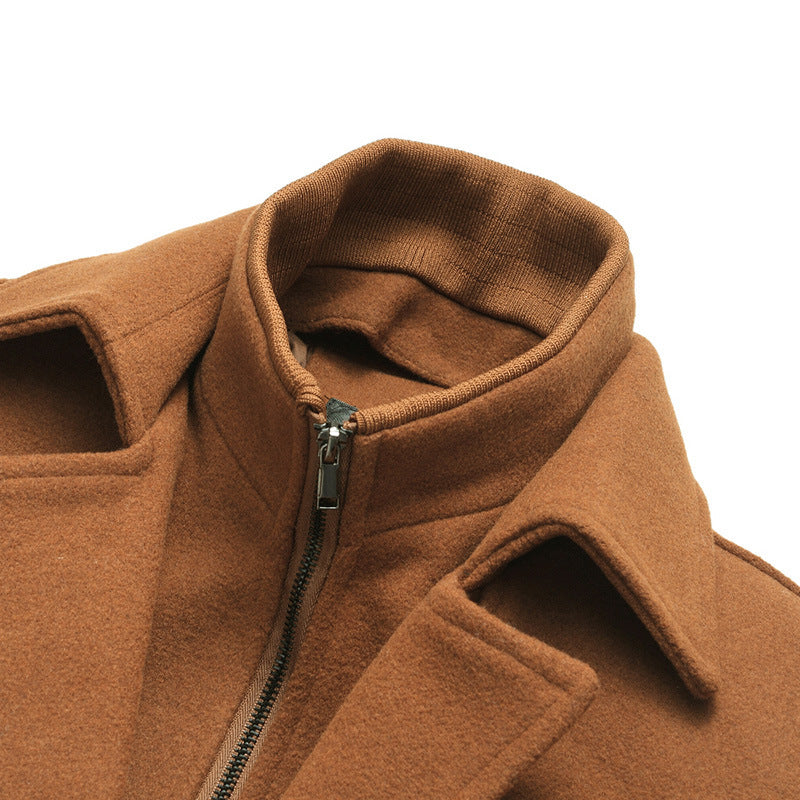 Close up of the knit stand collar with zip under the notch lapel