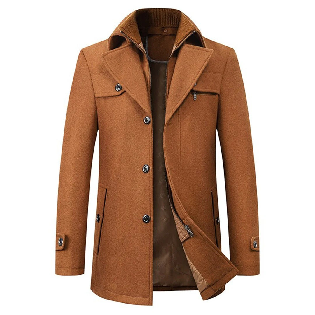 Men's winter coat in brown, double collar car coat with zip bib