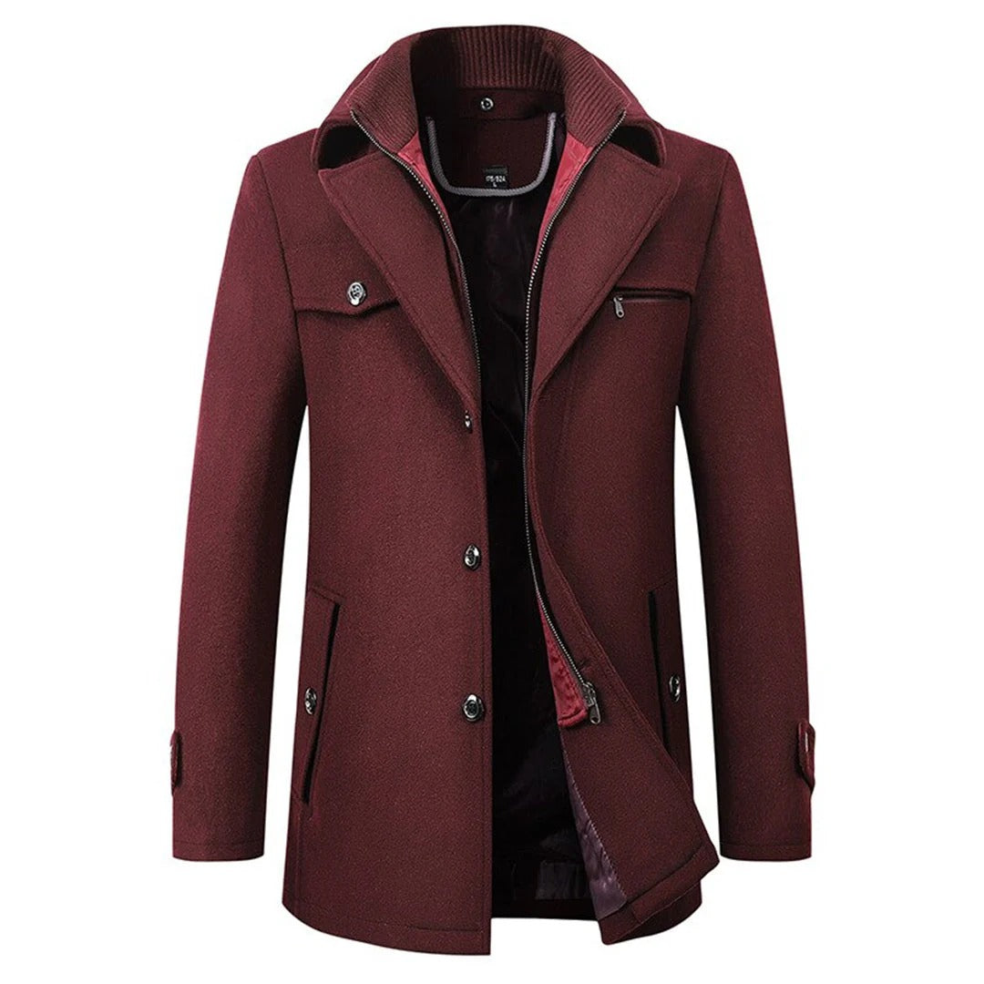 Burgundy winter coat with ribbed knit zip bib under the lapels