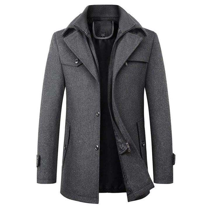 Dark gray car coat with chest pocket and flap side pockets