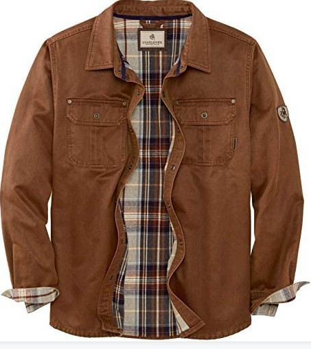 Men's work jacket, plaid lined trucker shirt jacket in brown