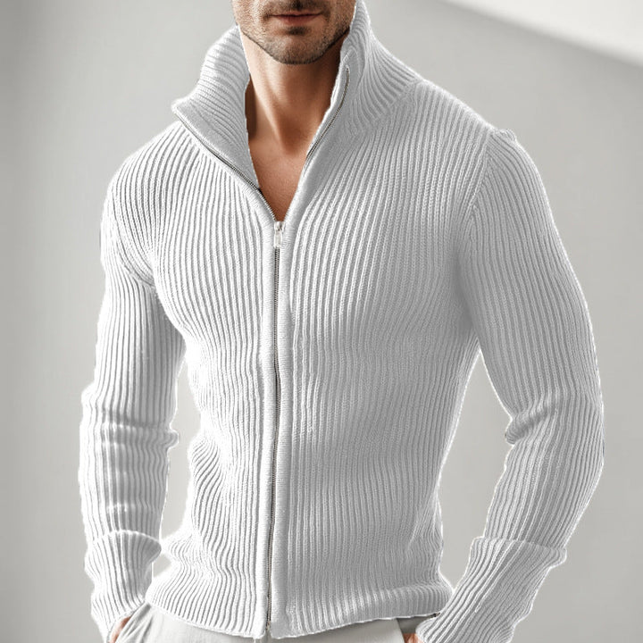 White mock neck zip cardigan with vertical rib texture on model