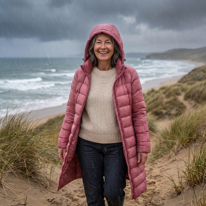 Pink hooded puffer coat worn open with jeans on a windy beach