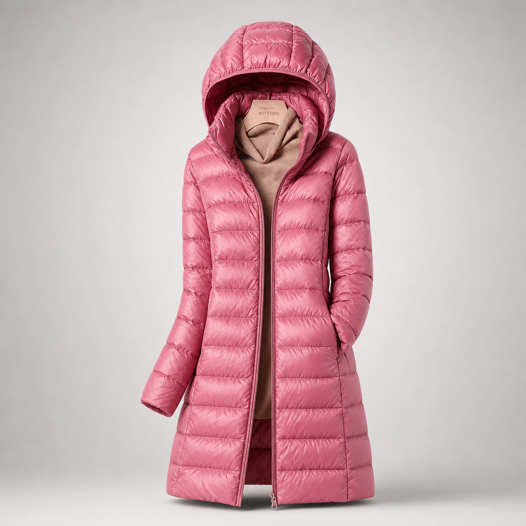 Women's long puffer coat in pink, hooded and quilted, front view