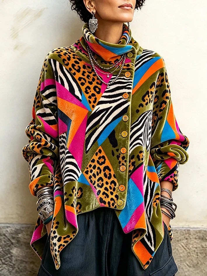 Women's animal print velvet top with turtleneck and asymmetric buttons