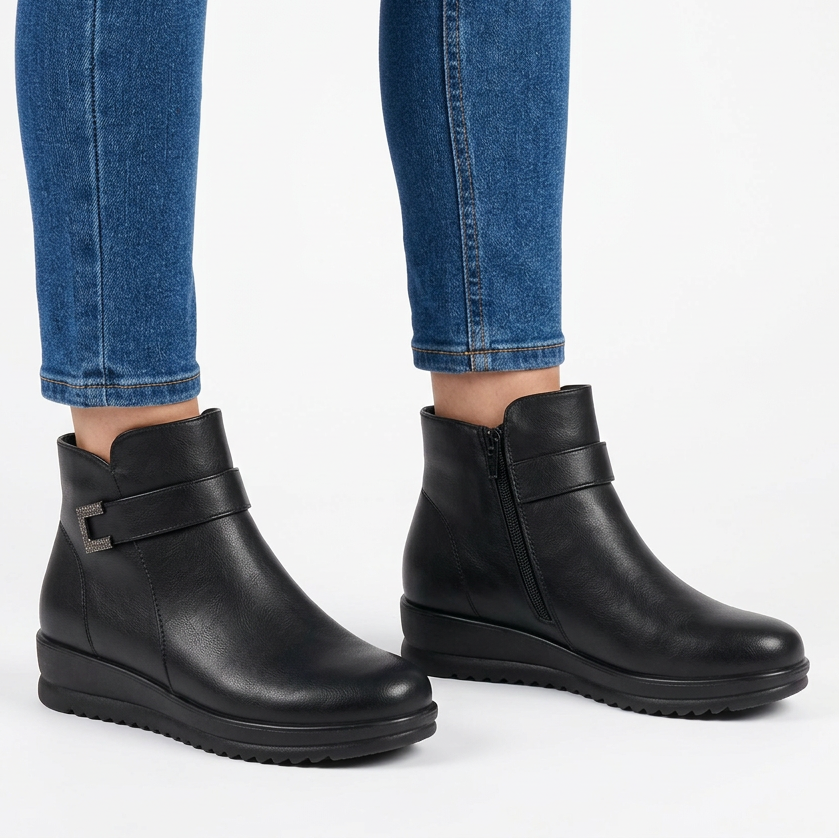 Women's ankle boots in black, buckle strap wedge booties