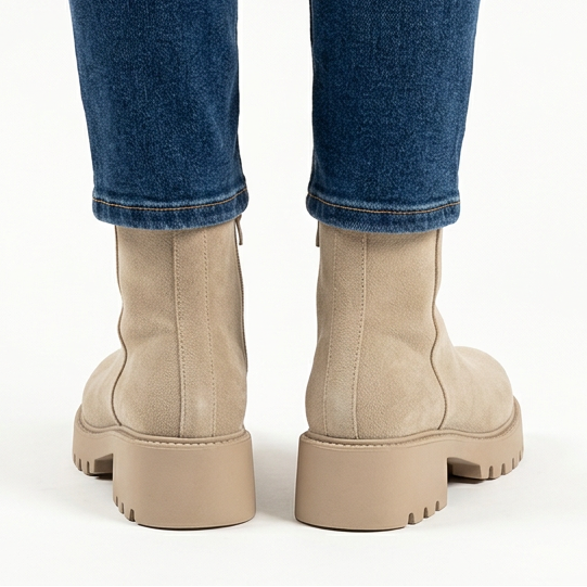 Back view of beige chunky suede-look booties with lug sole