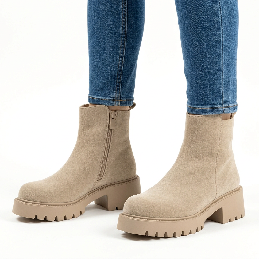 Beige chunky suede-look ankle boots with lug sole, three-quarter view