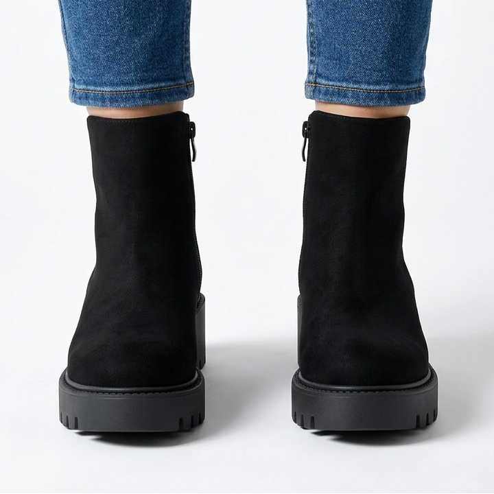 Front view of black chunky suede-look ankle boots with side zip