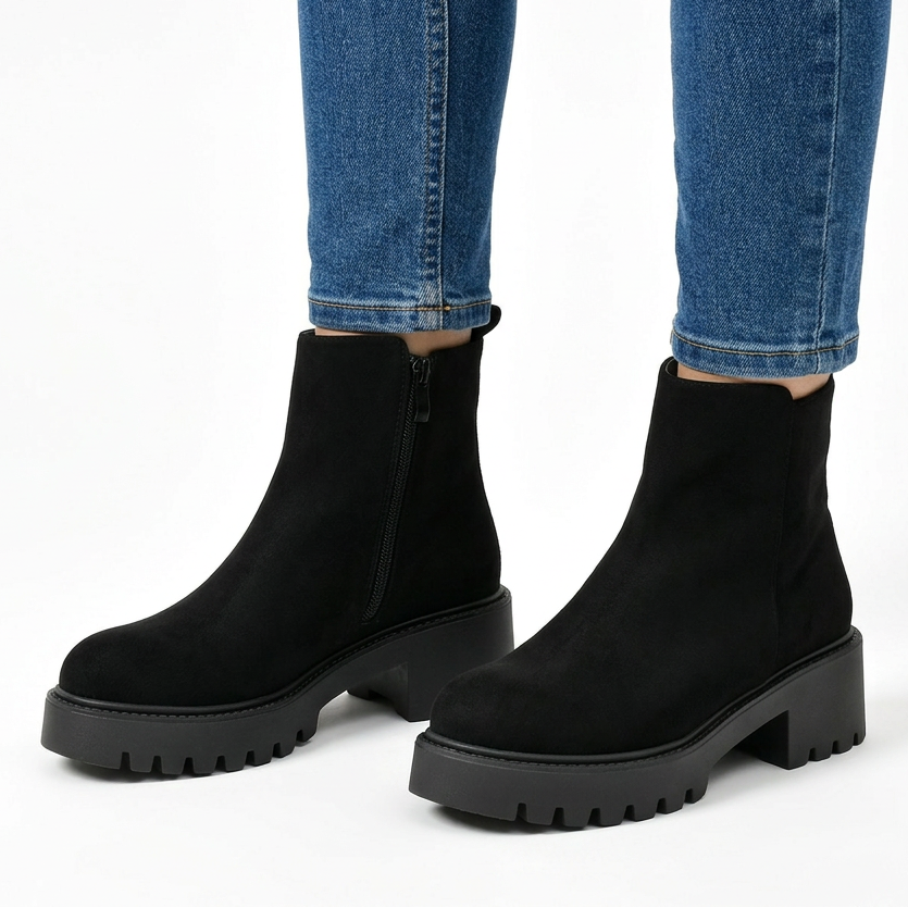 Women's ankle boots in black, chunky suede-look lug sole booties