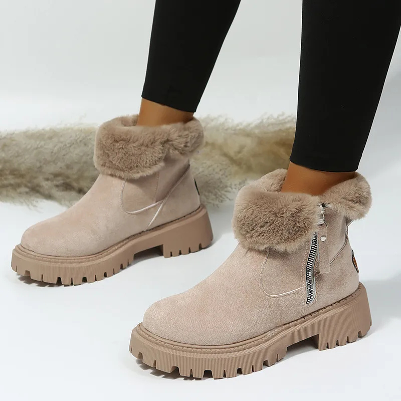 Women's ankle boots, faux fur cuff lug sole with zip in beige