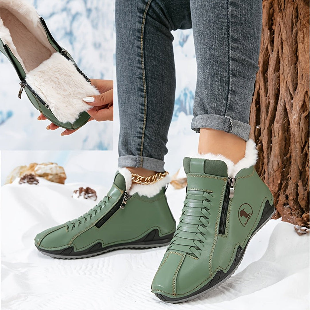 Green lace up ankle boots with plush lining