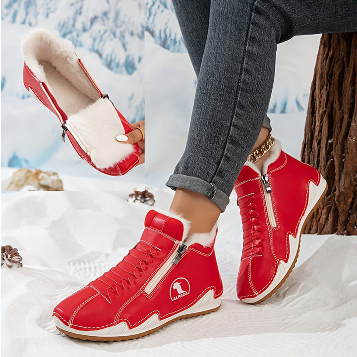 Red lace up ankle boots with plush lining
