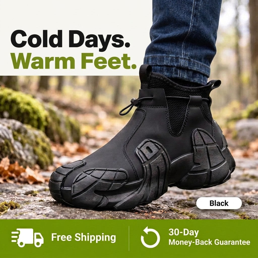 Black slip on lug sole boots worn on a forest path with leaves
