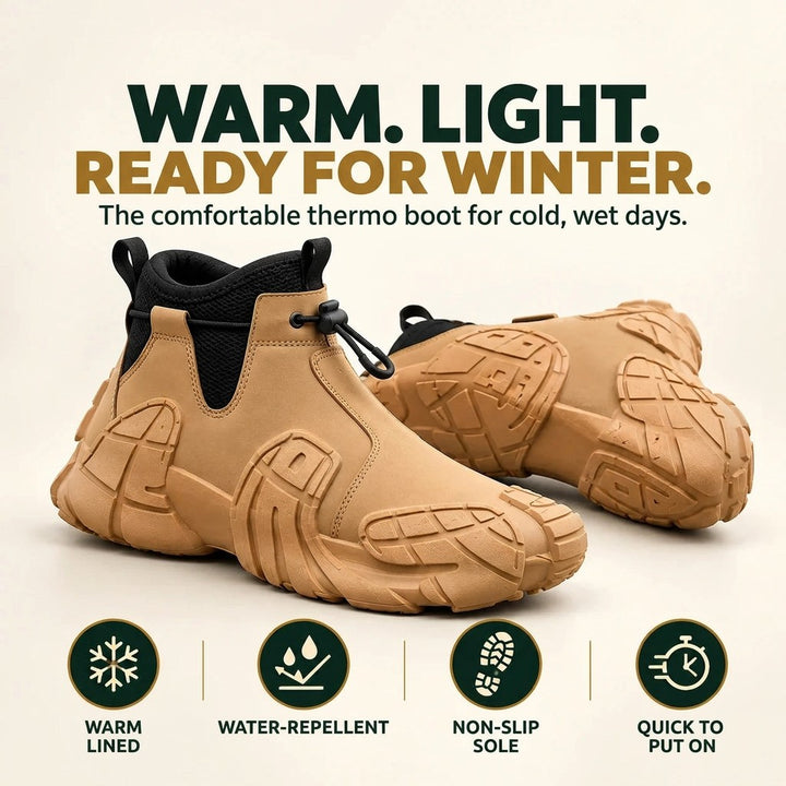 Product graphic of camel slip on lug sole boots with feature icons on a cream background